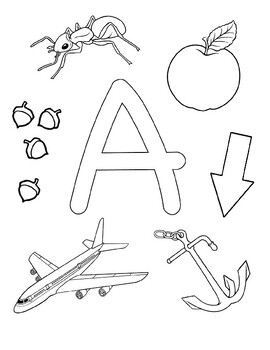 A is for…Ant, Apple, and Airplane letter knowledge and coloring worksheet.