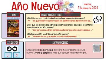 Preview of Año Nuevo - New Year (Spanish) Read Aloud YT video, Crafts, Vocab, Graphic Org