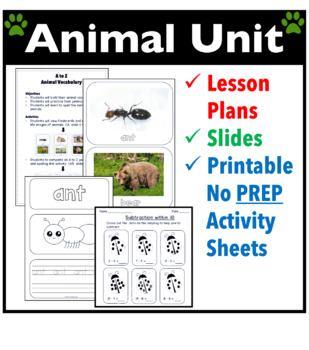 Preview of Animal unit activities worksheets kindergarten 1st Grade