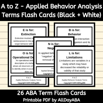 A To Z Applied Behavior Analysis Terms B W Flash Cards Aba Vocabulary