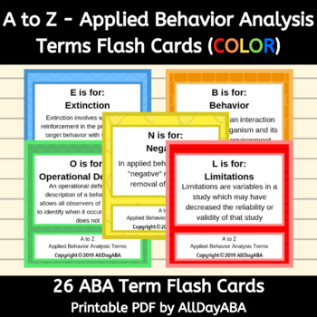 Preview of A to Z Applied Behavior Analysis Terms with Colored ABA Vocabulary Flash Cards