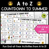 A to Z Countdown to Summer Break EOY Activities - ABC Coun