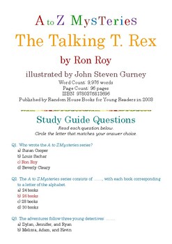 Preview of A to Z Mysteries #20: The Talking T. Rex by Ron Roy; Multiple-Choice Quiz w/Ans