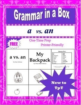 Preview of A vs. AN (ELL-ESL-EFL Grammar Cards by Elise McKeen)
