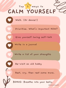 A4 Poster! 7 Ways to CALM YOURSELF (+1 Bonus!) by SEL Solutions | TPT