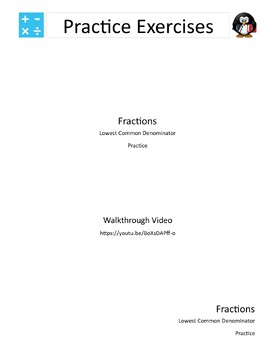 Preview of A4 Size - Fractions – Lowest Common Denominator – Practice Exercises