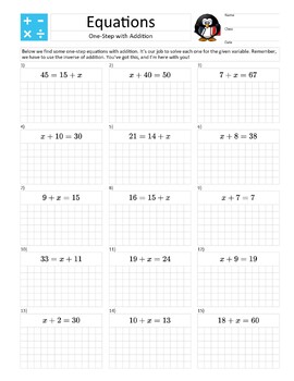 Preview of A4 Size – Solve a One-Step Equation with Addition – Practice Homework
