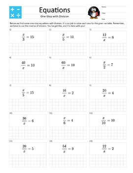 Preview of A4 Size – Solve a One-Step Equation with Division – Practice Homework