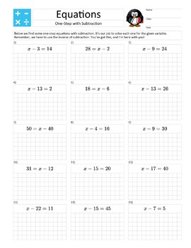 Preview of A4 Size – Solve a One-Step Equation with Subtraction – Practice Homework