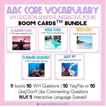 Preview of AAC Core Vocabulary Activities | WH-Question BOOM CARDS™ Deck | SUMMER BUNDLE