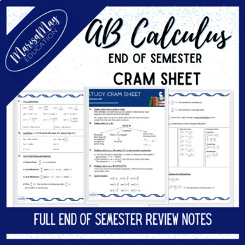 Preview of AB Calculus End of Semester Study Cram Sheet (Review)