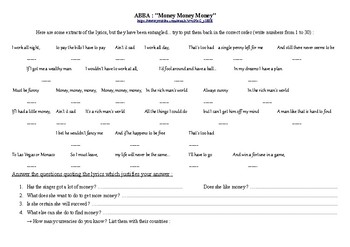 Preview of ABBA Money Money Money song Worksheet