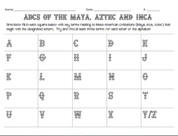 Preview of ABC Chart for Maya, Inca and Aztec Civilizations