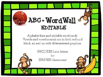 Preview of ABC Line + Editable Word Wall Cards - Monkey Decor (+Spanish characters)