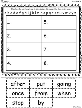 abc order first grade dolch sight word cut and paste packet tpt