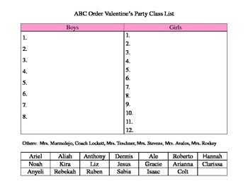 Preview of ABC Order Valentine's Party Class List