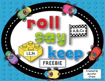 Preview of ABC and 123 Roll, Say, Keep FREEBIE!  Building Blocks & Race Track Fun!