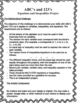 Preview of ABCs and 123s Equation and Inequality Project