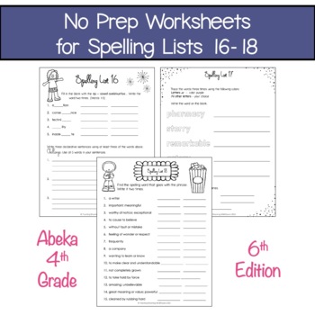 ABEKA Spelling Weekly Word Work Packets 4th Grade Lists 16 - 18 | 6th ...