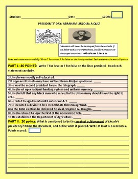 Preview of ABRAHAM LINCOLN: A PRESIDENTS' DAY QUIZ #3        W/ANSWER KEY