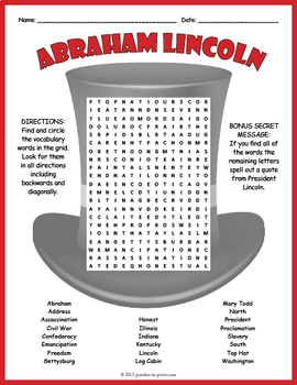 Preview of ABRAHAM LINCOLN BIRTHDAY Word Search Puzzle Worksheet - 4th 5th 6th 7th Grade