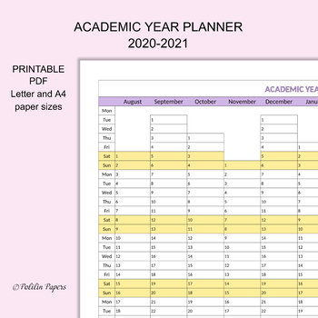 ACADEMIC YEAR PLANNER 2020-2021, PDF Letter and A4 sizes by PolilinPapers