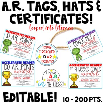 Preview of ACCELERATED READER A.R. EDITABLE AWARDS GOAL CERTIFICATES TAGS HATS FOR POINTS