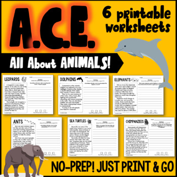 Preview of ACE Strategy Writing Practice | 6 Animal-Themed Worksheets | PRINTABLE or EASEL