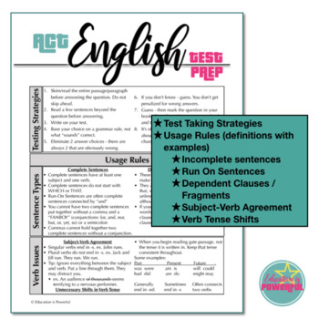 ACT English Test Prep / Grammar, Usage, and Rhetorical Rules Review Sheet
