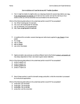 Act Practice Comma Splices And Fused Sentences Questions Key By Kristen Brandon