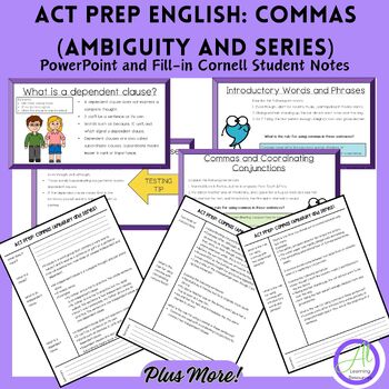 Preview of ACT Prep English Commas (Ambiguity and Series) PowerPoint and Cornell Notes
