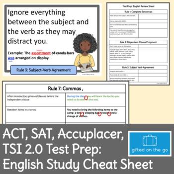 Preview of ACT, SAT, Accuplacer, TSI 2.0 Test Prep: English Study Cheat Sheet