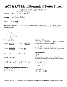 Preview of ACT & SAT Math Formula & Notes Sheet