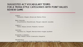 Preview of ACT Vocabulary Terms Word Bank for Trivia-style Category & Points Review Game