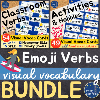 Preview of ESL Visual Action Verbs BUNDLE: Emoji Vocabulary Cards, Newcomer Activities