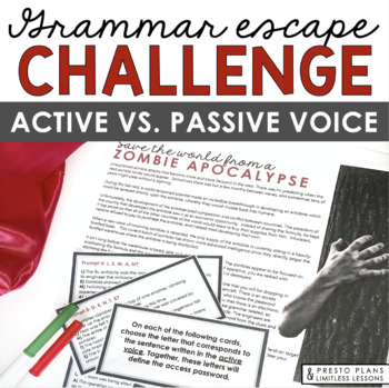 Preview of Active and Passive Voice Grammar Activity Escape Room Challenge, Slides, & Quiz