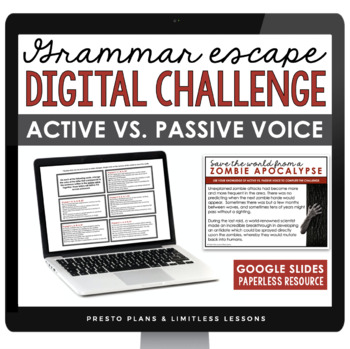Preview of Active and Passive Voice Escape Room Digital Grammar Activity, Slides, & Quiz