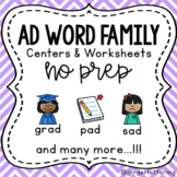 AD Word Family Activities and Worksheets *NO PREP*
