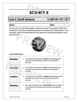 Preview of Science 8 Unit 5: Earth Science WORKSHEET KEY