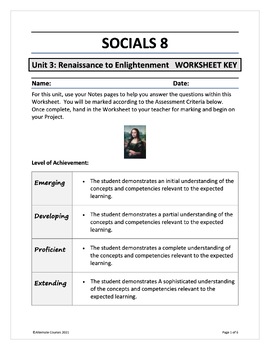 Preview of Socials 8 Unit 3: Renaissance to Enlightenment KEY