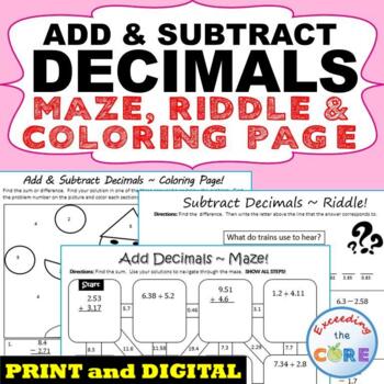 Preview of ADD AND SUBTRACT DECIMALS Maze, Riddle, Coloring Page | Print or Digital