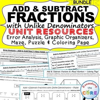 ADD & SUBTRACT FRACTIONS BUNDLE Error Analysis, Graphic Organizers, Puzzles