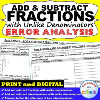 Preview of ADD & SUBTRACT FRACTIONS (UNLIKE DENOMINATORS) | Find the Error | Print or Digit