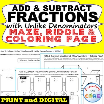 Preview of ADD & SUBTRACT FRACTIONS w UNLIKE DENOMINATORS Maze Riddle Color PRINT & DIGITAL