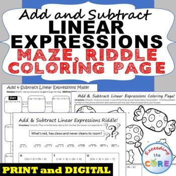 ADD & SUBTRACT LINEAR EXPRESSIONS Maze, Riddle, Coloring (Fun MATH