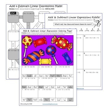 ADD & SUBTRACT LINEAR EXPRESSIONS Maze, Riddle, Coloring (Fun MATH