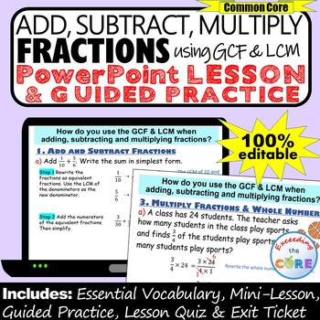Preview of ADD, SUBTRACT, MULTIPLY, FRACTIONS PowerPoint Lesson & Guided Practice - DIGITAL