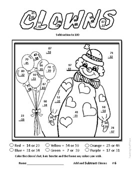 add and subtract to 100 in clowns color by number grade 2 math worksheets