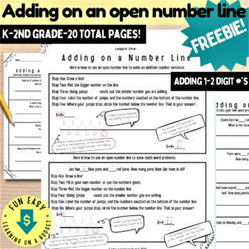 Preview of ADDING ON AN OPEN NUMBER LINE K-2ND 18PAGES OF PRACTICE INCLUDING WORD PROBLEMS!