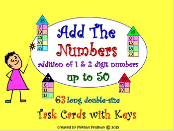 Preview of ADDITION OF 1 & 2 DIGIT NUMBERS: 63 TASK CARDS & KEY, Test Quiz Prep Worksheets